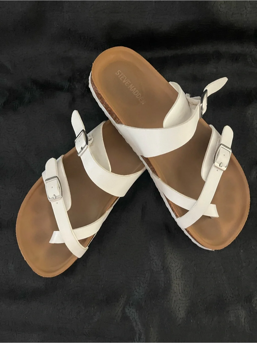 Steve Madden White Leather Double-Buckle Slide Sandals
